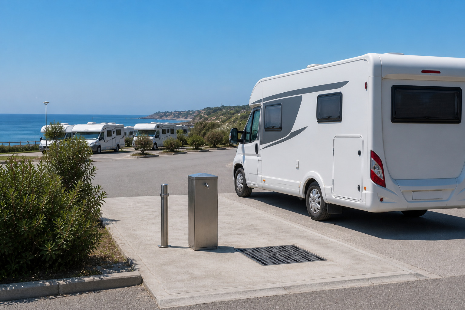 Camping-cariste faisant le plein d'eau et la vidange sur une aire de services en bord de mer