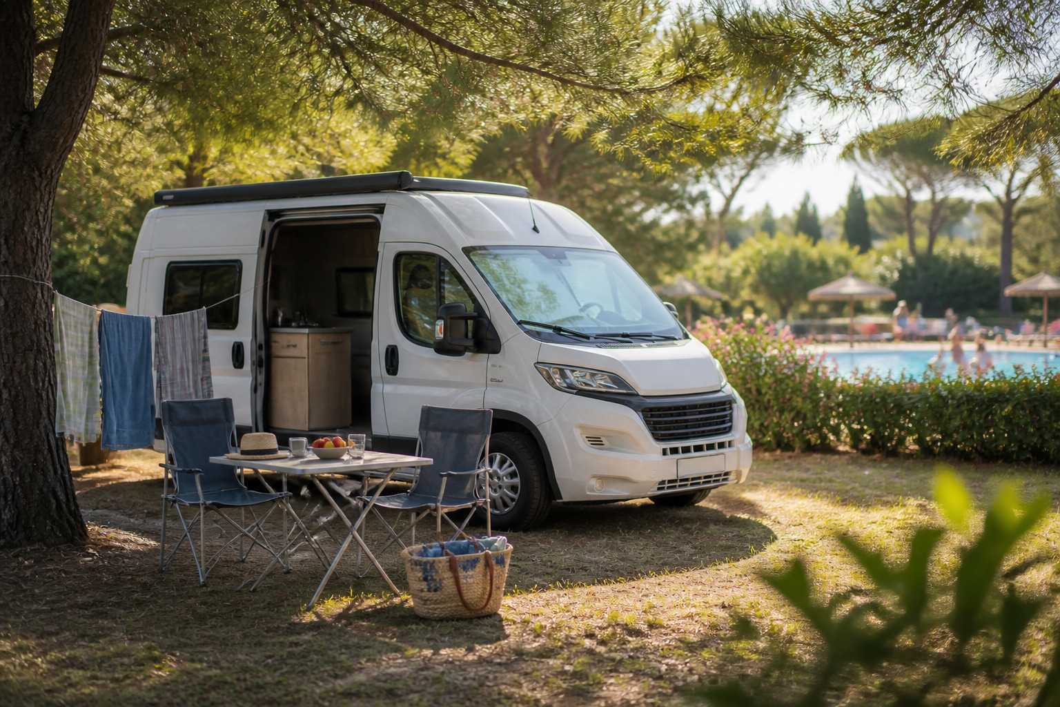 Van amenage installe sur un emplacement ombrage de camping avec la piscine en arriere-plan