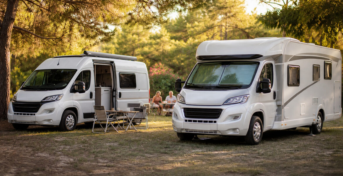 Camping-car et van garés sur un emplacement ombragé d'un camping l'été dans le sud de la France