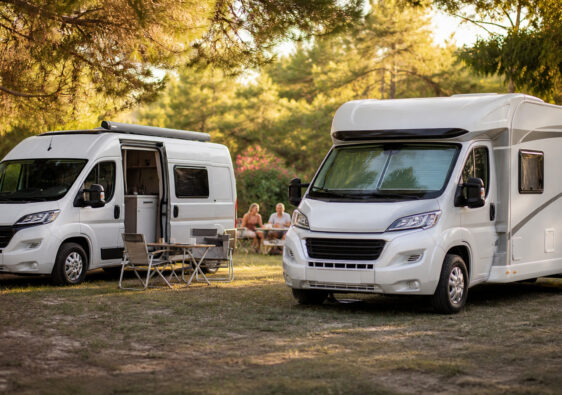 Camping-car et van garés sur un emplacement ombragé d'un camping l'été dans le sud de la France