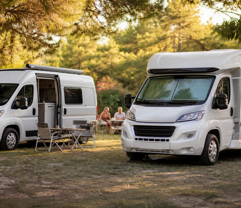 Camping-car et van garés sur un emplacement ombragé d'un camping l'été dans le sud de la France