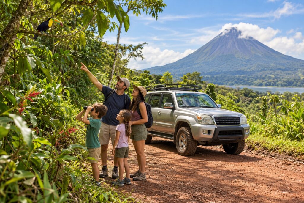 Famille observant un toucan près d’un 4x4 au pied du volcan Arenal au Costa Rica