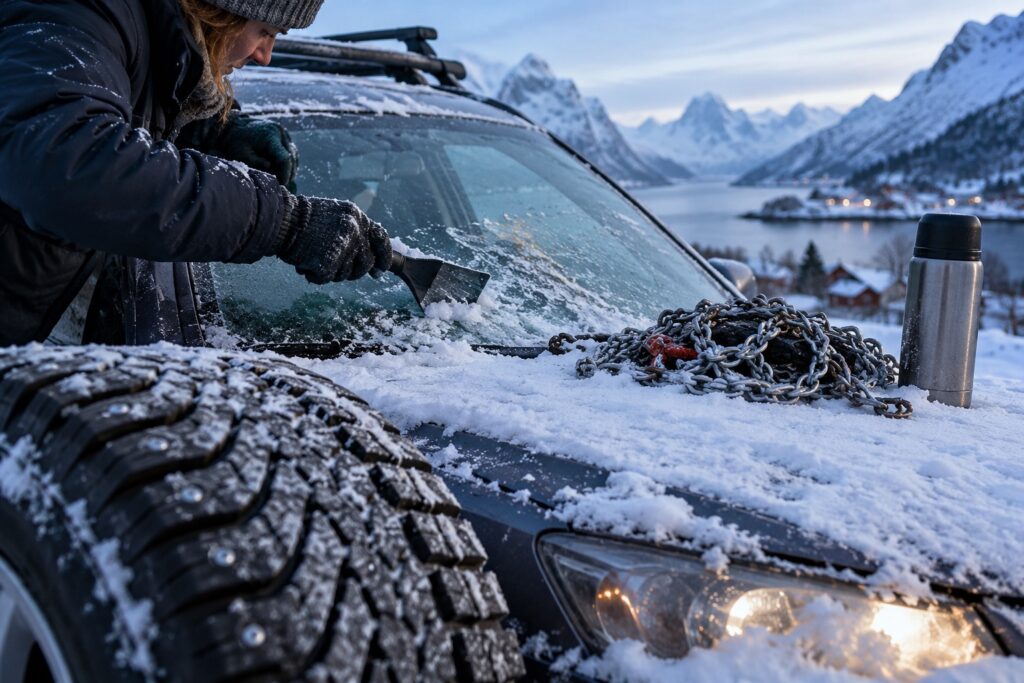 Préparer sa voiture pour conduire l’hiver : raclette, pneus cloutés et chaînes